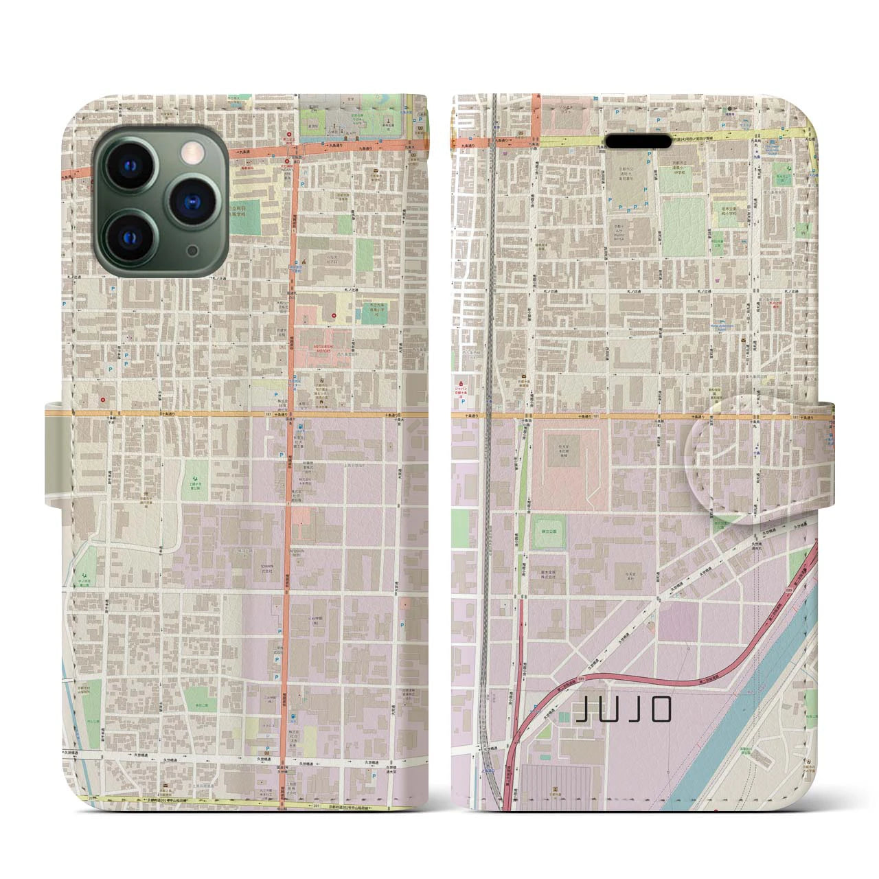 【十条(京都府)】地図柄iPhoneケース(手帳タイプ)ナチュラル・iPhone 11 Pro 用