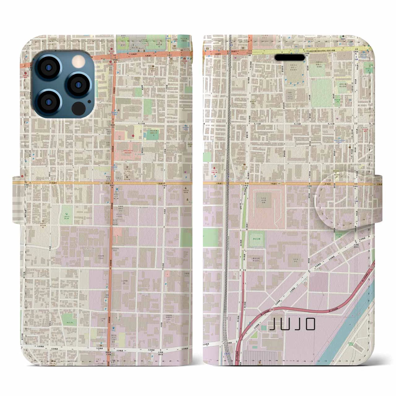 【十条(京都府)】地図柄iPhoneケース(手帳タイプ)ナチュラル・iPhone 12 / 12 Pro 用