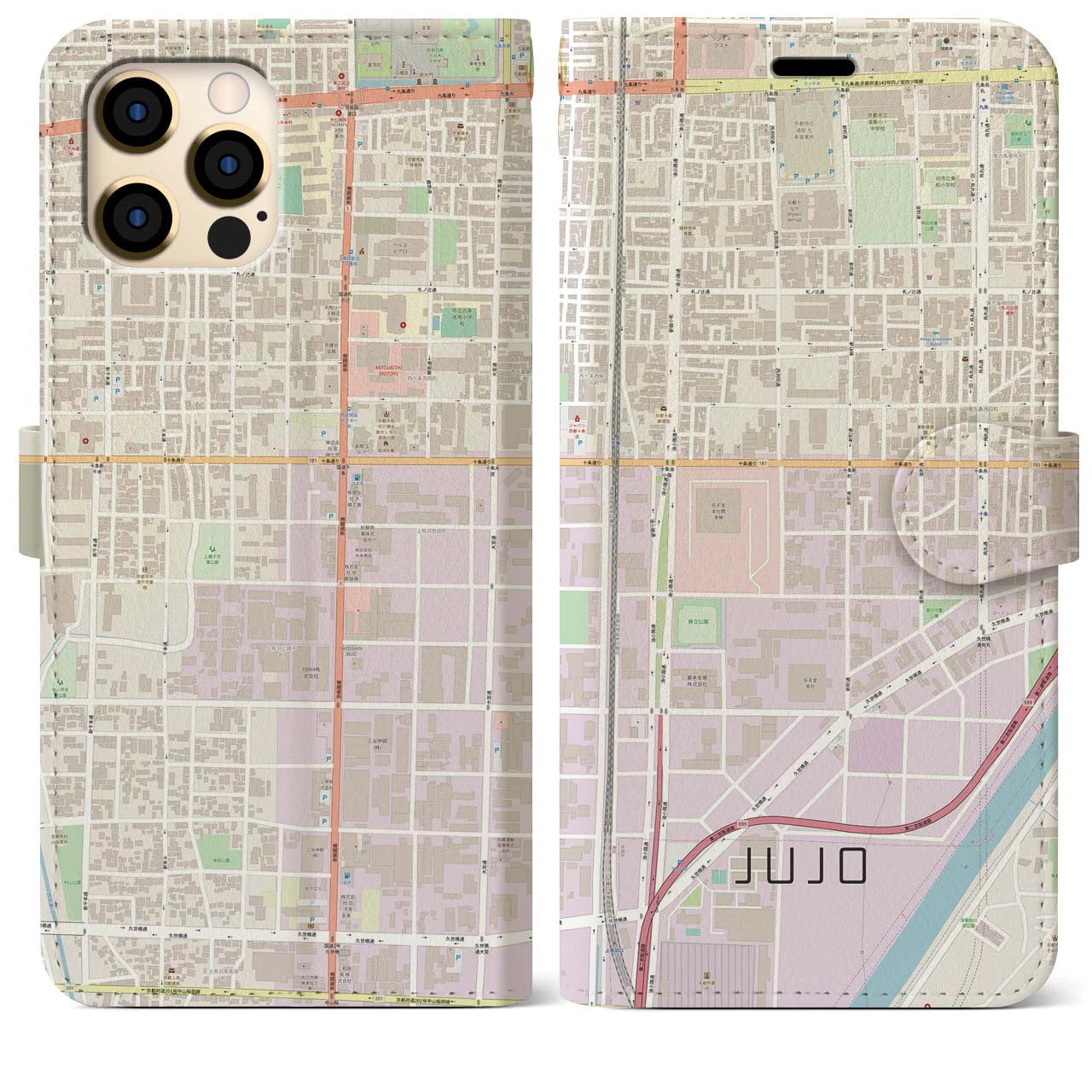 【十条(京都府)】地図柄iPhoneケース(手帳タイプ)ナチュラル・iPhone 12 Pro Max 用