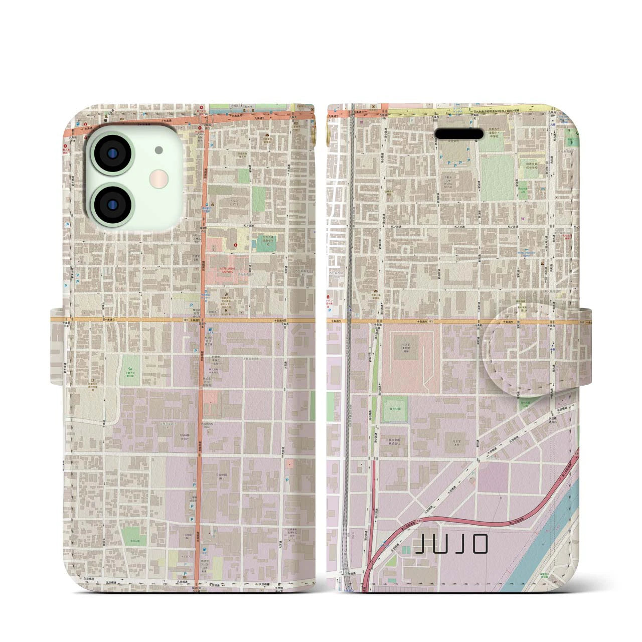 【十条(京都府)】地図柄iPhoneケース(手帳タイプ)ナチュラル・iPhone 12 mini 用