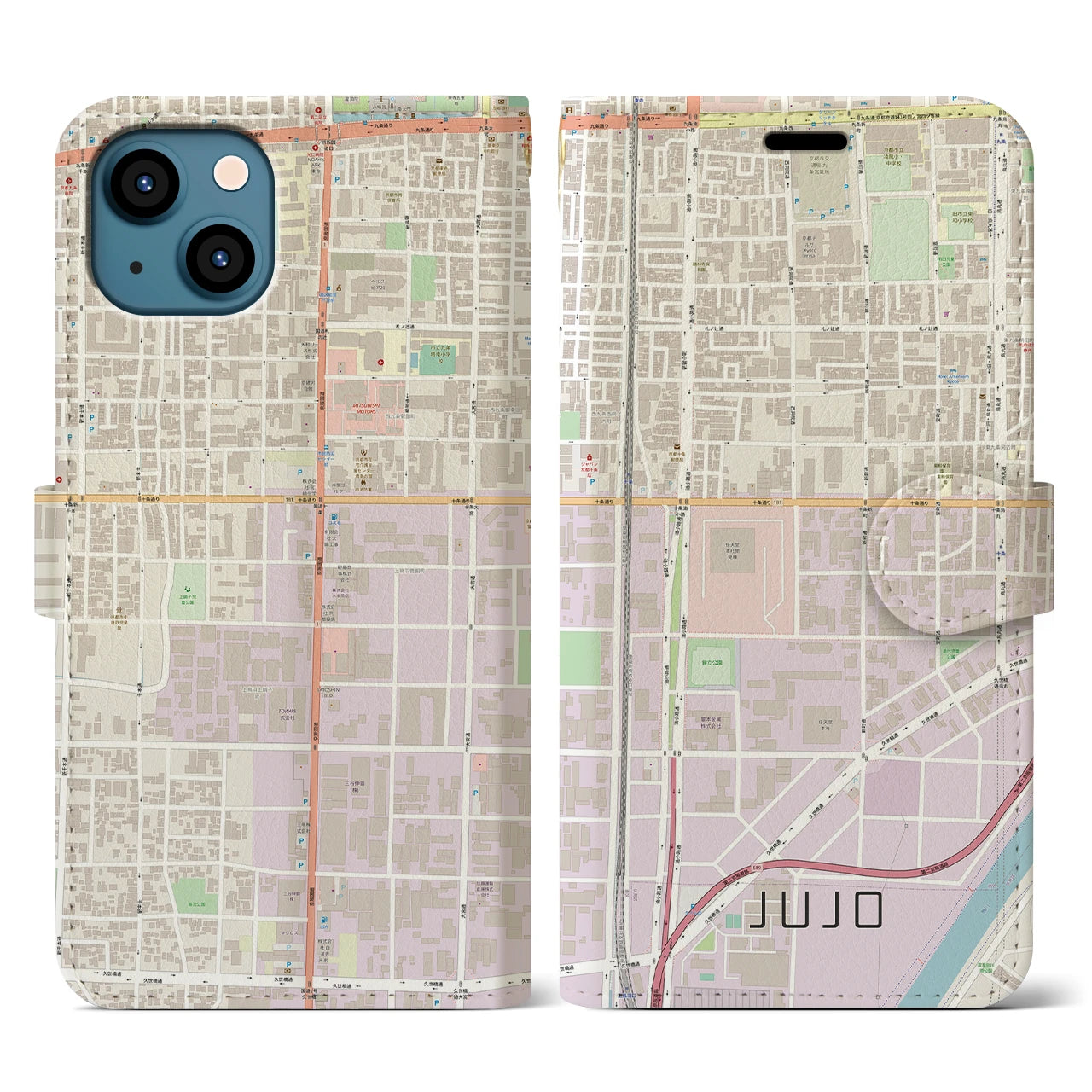 【十条(京都府)】地図柄iPhoneケース(手帳タイプ)ナチュラル・iPhone 13 用