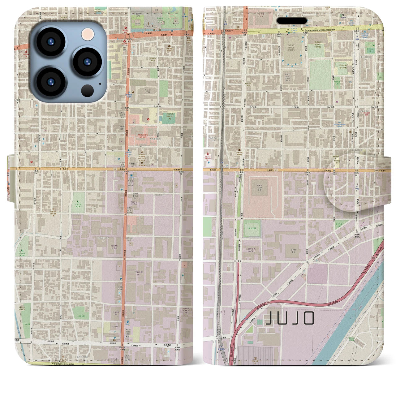 【十条(京都府)】地図柄iPhoneケース(手帳タイプ)ナチュラル・iPhone 13 Pro Max 用