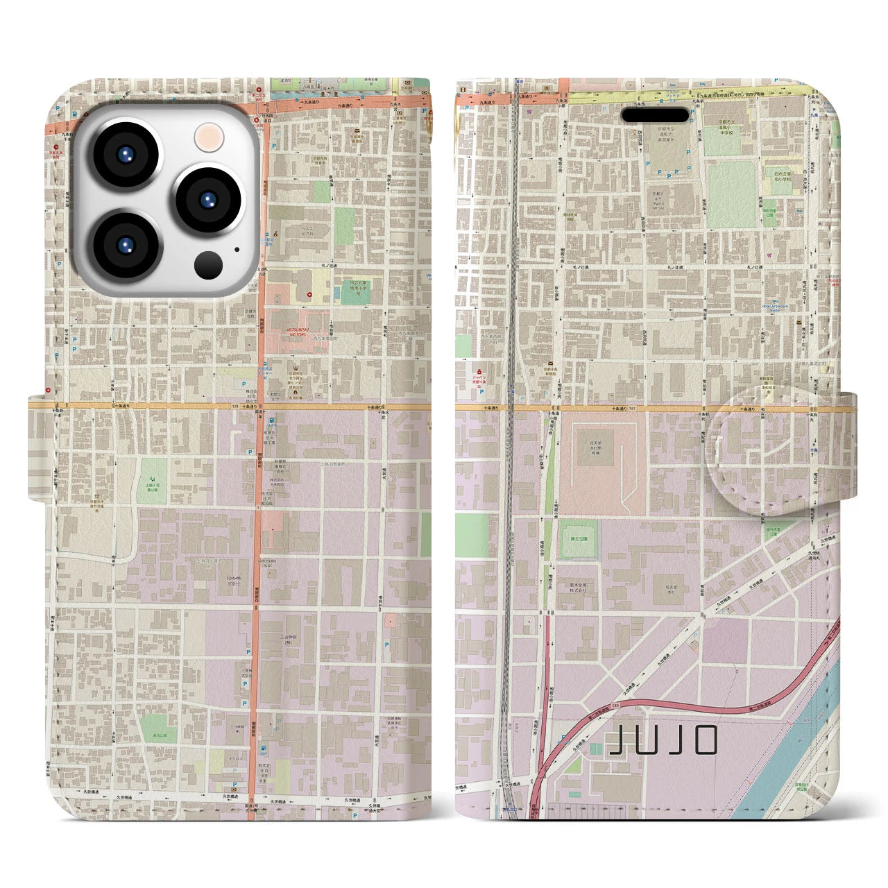 【十条(京都府)】地図柄iPhoneケース(手帳タイプ)ナチュラル・iPhone 13 Pro 用