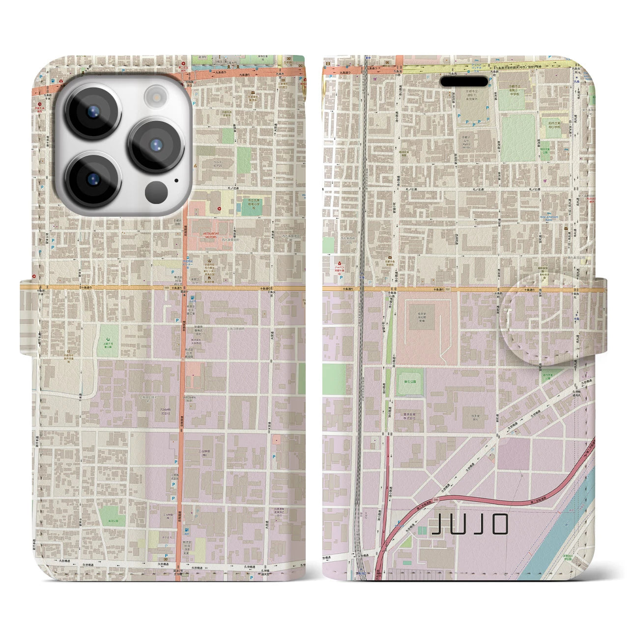 【十条(京都府)】地図柄iPhoneケース(手帳タイプ)ナチュラル・iPhone 14 Pro 用