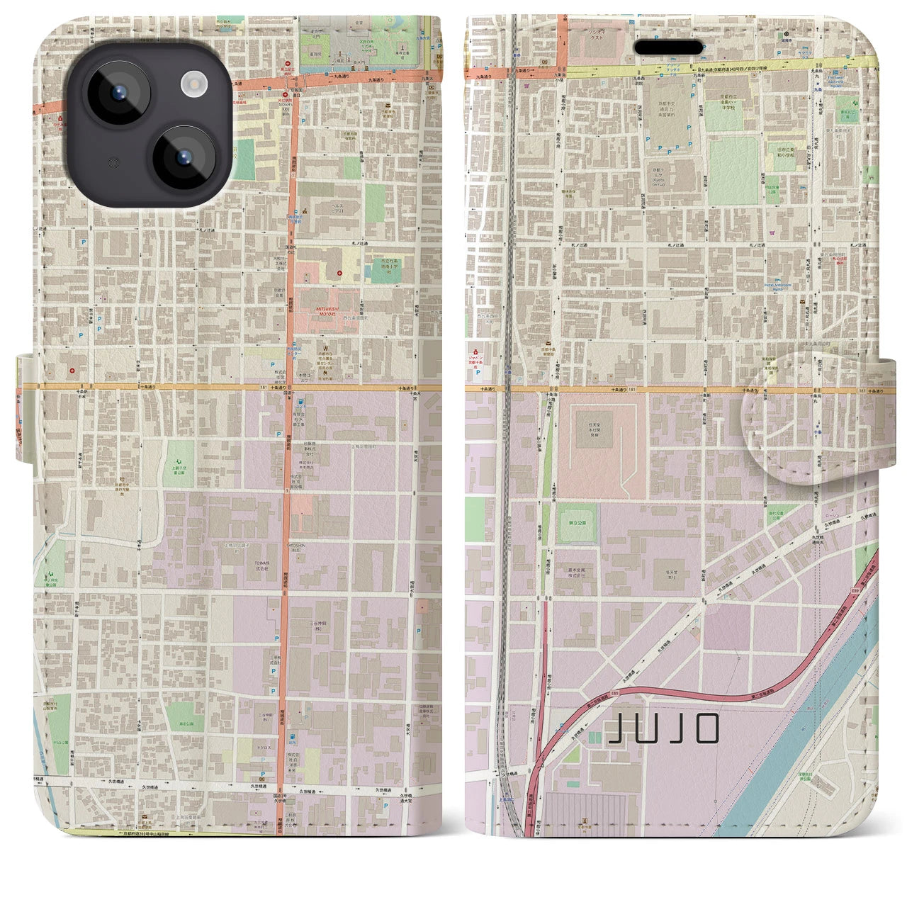 【十条(京都府)】地図柄iPhoneケース(手帳タイプ)ナチュラル・iPhone 14 Plus 用