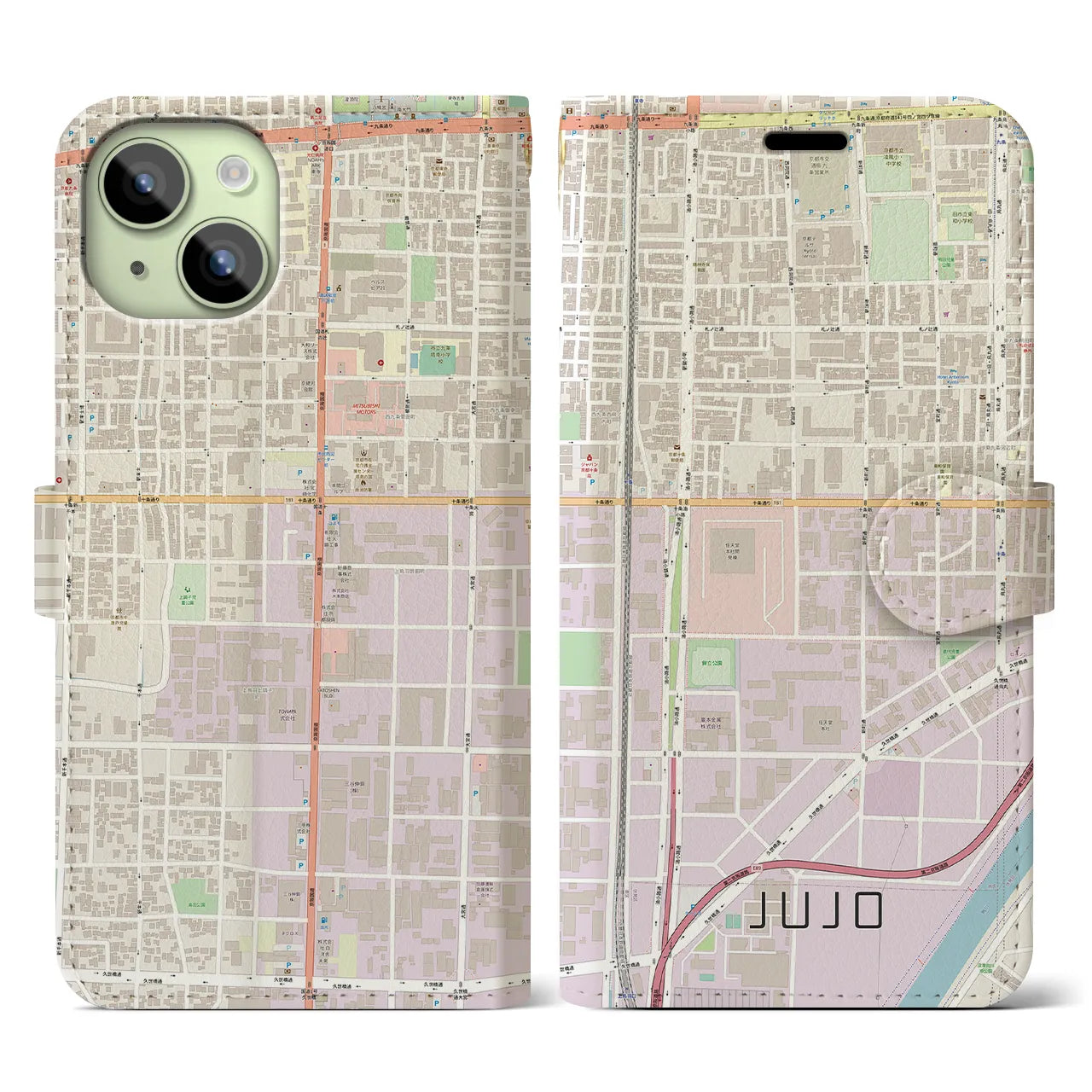 【十条(京都府)】地図柄iPhoneケース(手帳タイプ)ナチュラル・iPhone 15 用