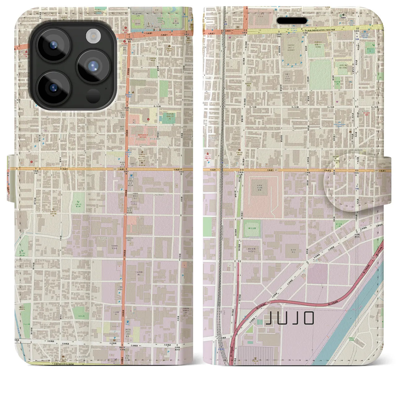 【十条(京都府)】地図柄iPhoneケース(手帳タイプ)ナチュラル・iPhone 15 Pro Max 用