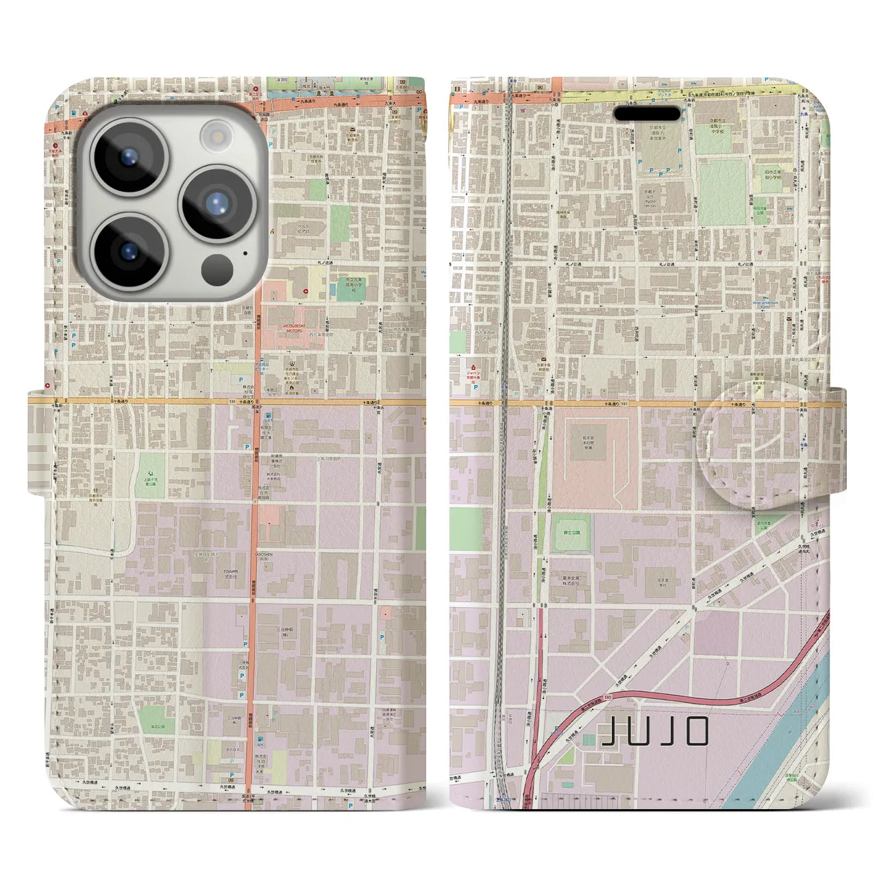 【十条(京都府)】地図柄iPhoneケース(手帳タイプ)ナチュラル・iPhone 15 Pro 用