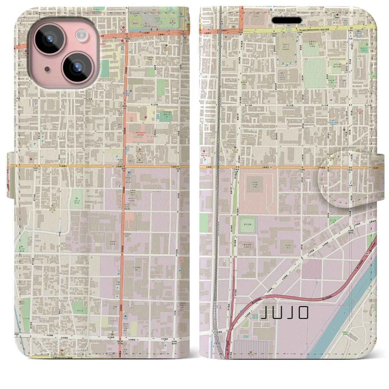 【十条(京都府)】地図柄iPhoneケース(手帳タイプ)ナチュラル・iPhone 15 Plus 用