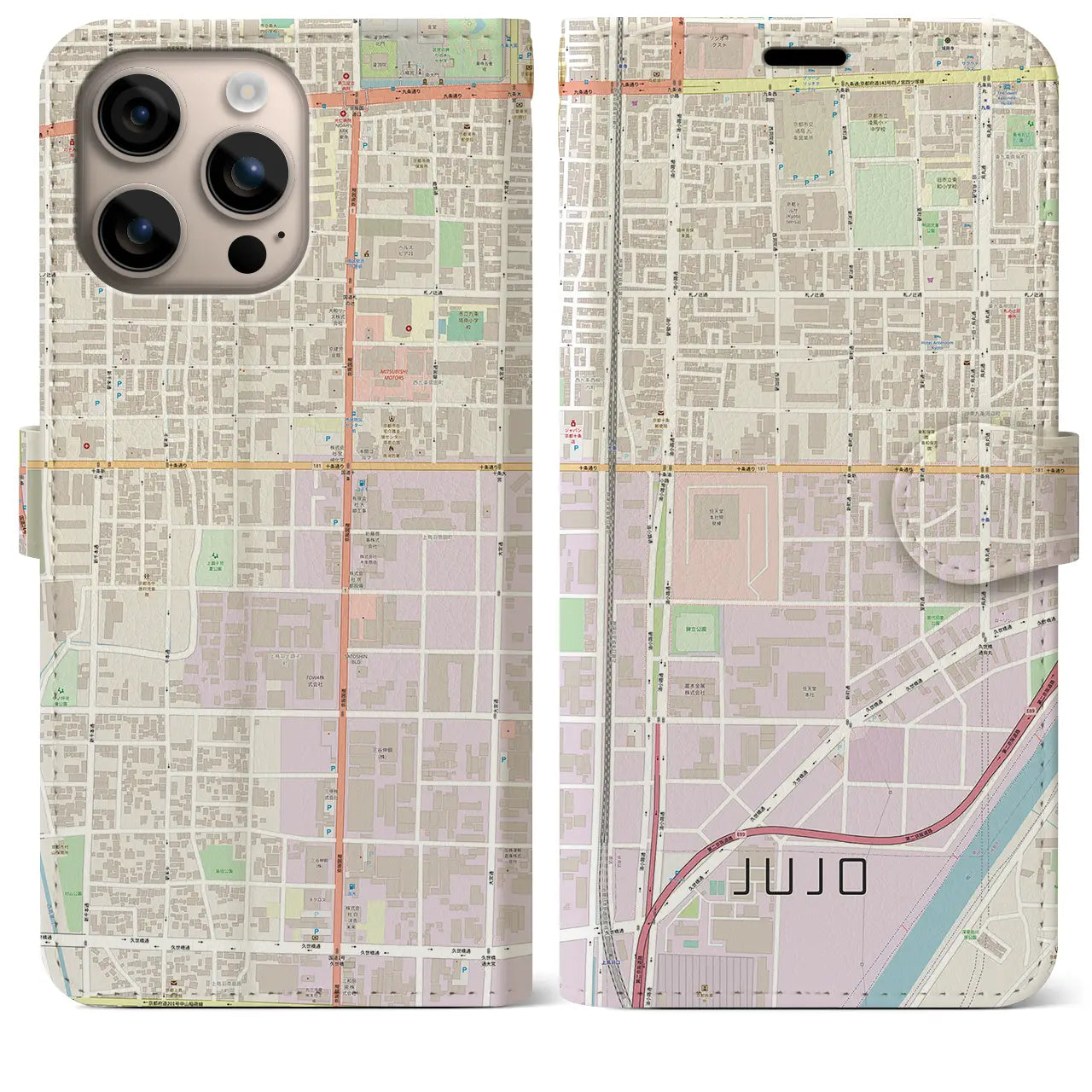 【十条(京都府)】地図柄iPhoneケース(手帳タイプ)ナチュラル・iPhone 16 Plus 用