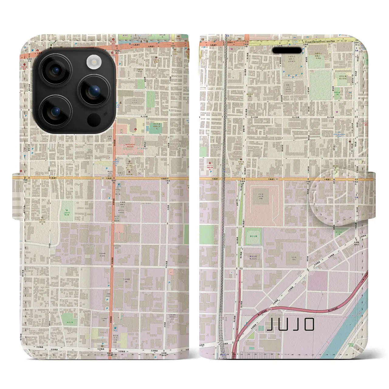 【十条(京都府)】地図柄iPhoneケース(手帳タイプ)ナチュラル・iPhone 16 用