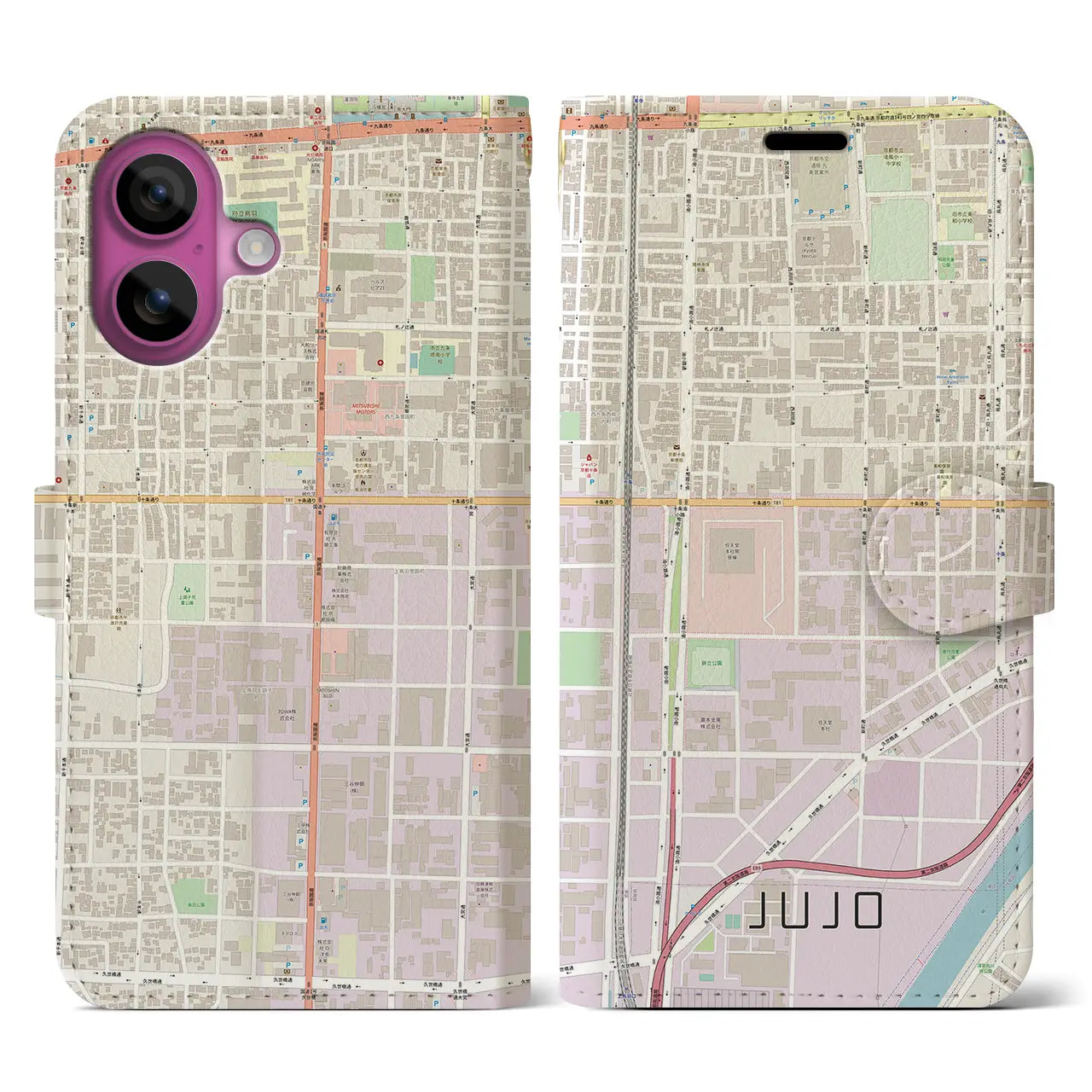 【十条(京都府)】地図柄iPhoneケース(手帳タイプ)ナチュラル・iPhone 16 Pro 用