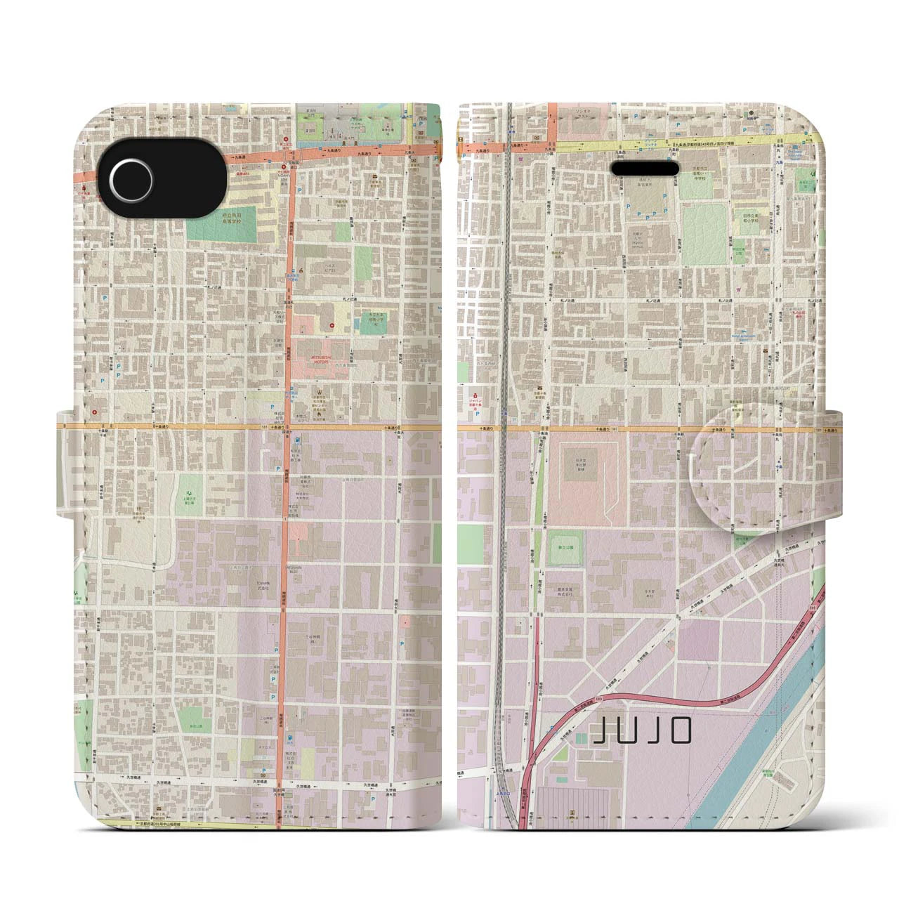【十条(京都府)】地図柄iPhoneケース(手帳タイプ)ナチュラル・iPhone SE(第3 / 第2世代) / 8 / 7 / 6s / 6 用