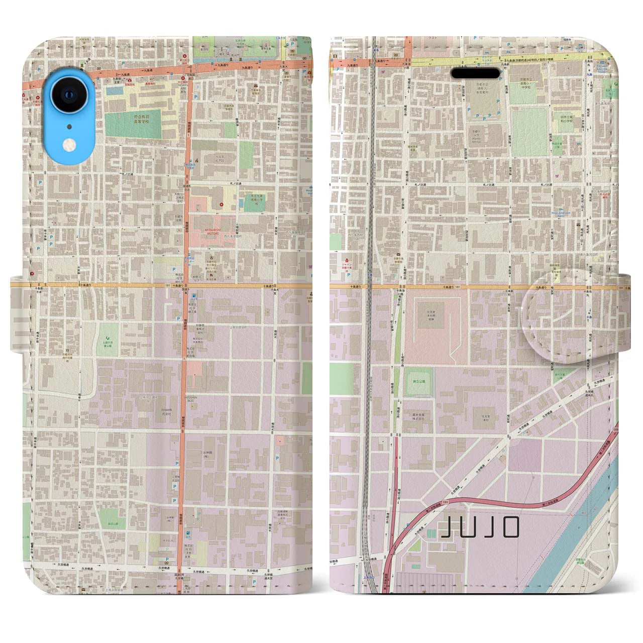 【十条(京都府)】地図柄iPhoneケース(手帳タイプ)ナチュラル・iPhone XR 用