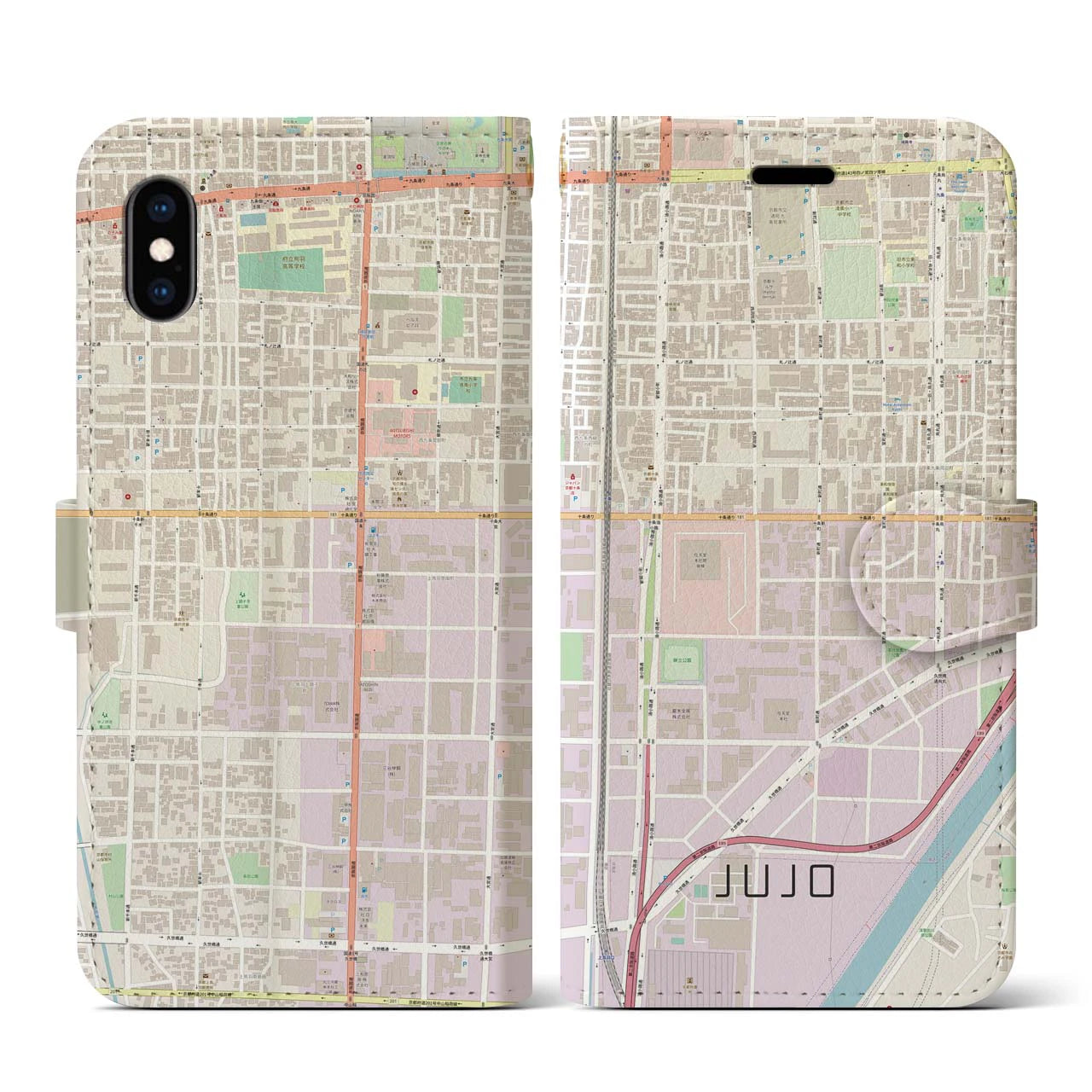 【十条(京都府)】地図柄iPhoneケース(手帳タイプ)ナチュラル・iPhone XS / X 用