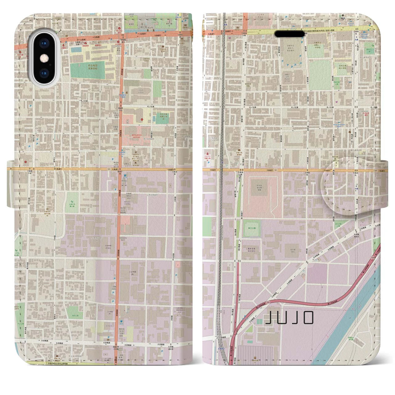 【十条(京都府)】地図柄iPhoneケース(手帳タイプ)ナチュラル・iPhone XS Max 用