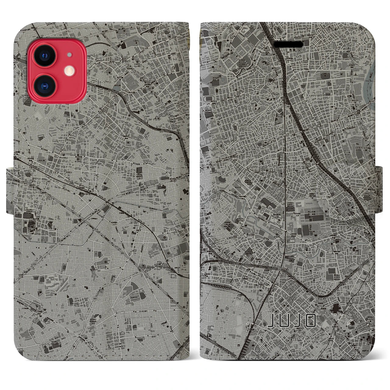 【十条(東京都)】地図柄iPhoneケース(手帳タイプ)モノトーン・iPhone 11 用