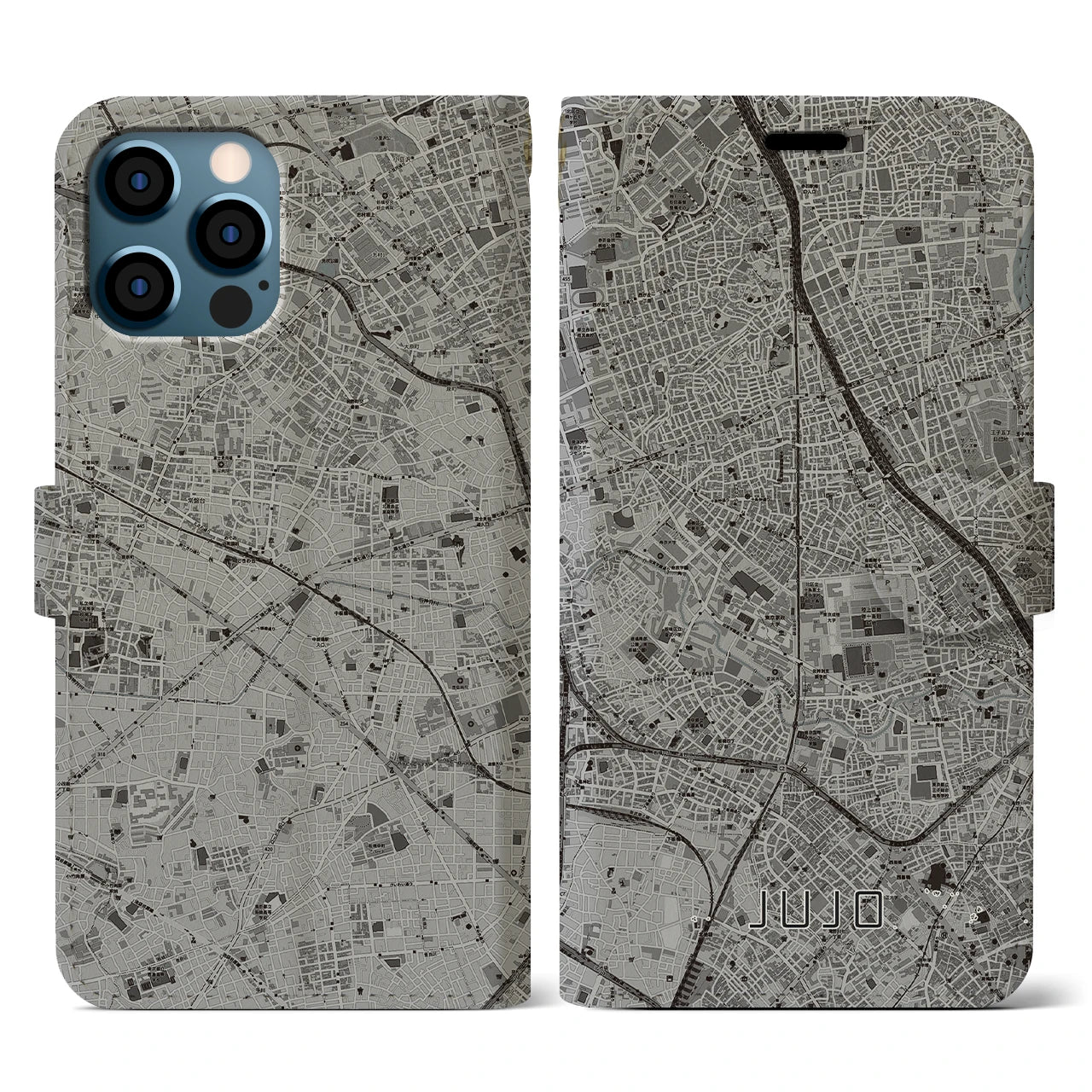 【十条(東京都)】地図柄iPhoneケース(手帳タイプ)モノトーン・iPhone 12 / 12 Pro 用