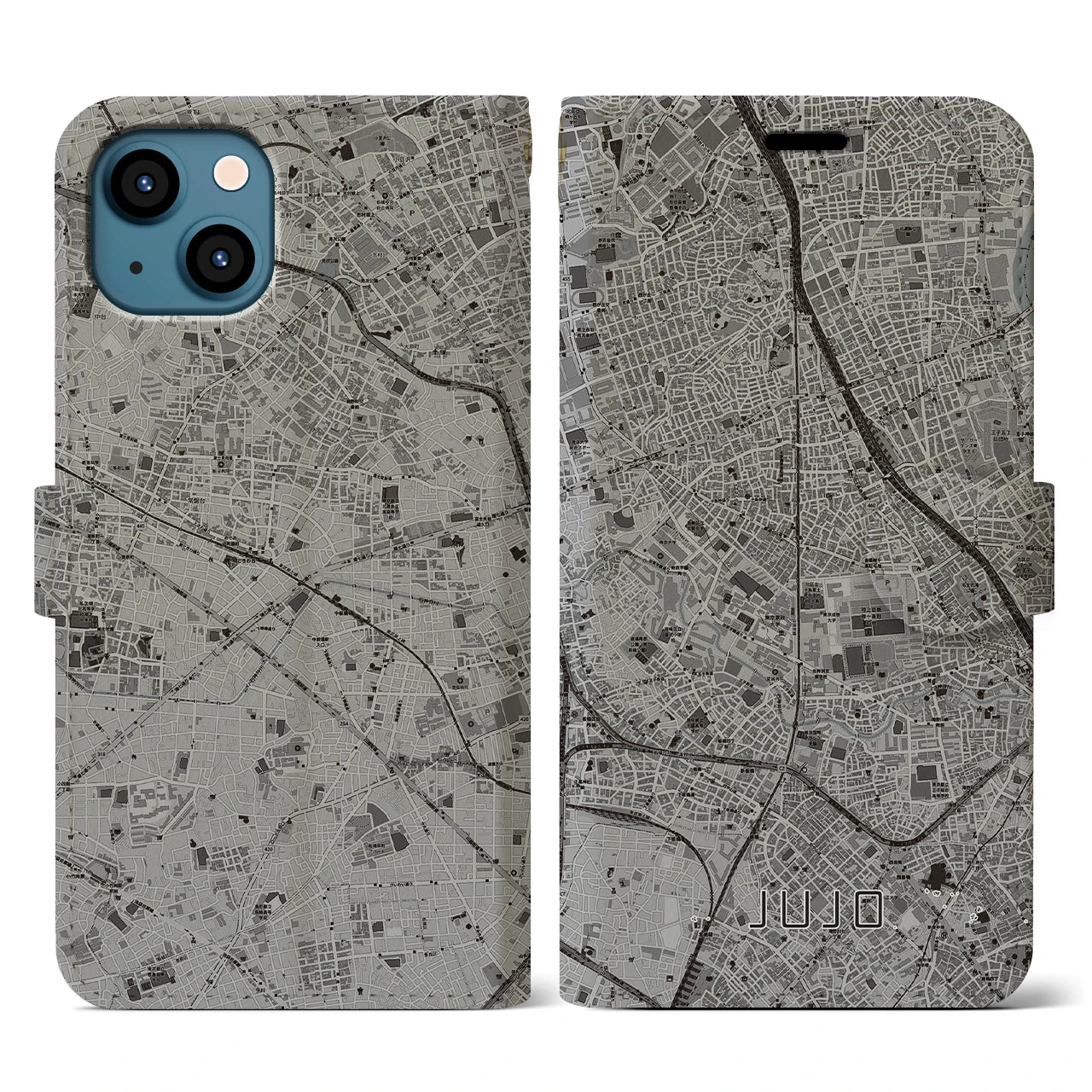 【十条(東京都)】地図柄iPhoneケース(手帳タイプ)モノトーン・iPhone 13 用