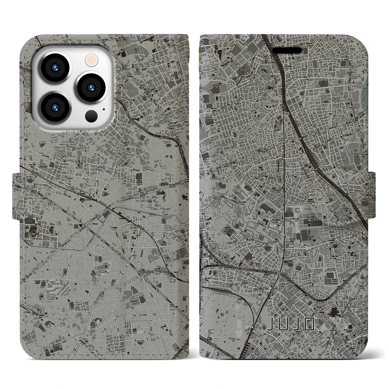 【十条(東京都)】地図柄iPhoneケース(手帳タイプ)モノトーン・iPhone 13 Pro 用