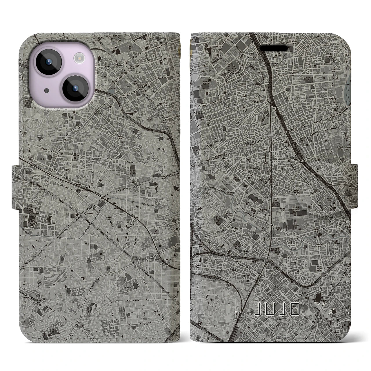 【十条(東京都)】地図柄iPhoneケース(手帳タイプ)モノトーン・iPhone 14 用