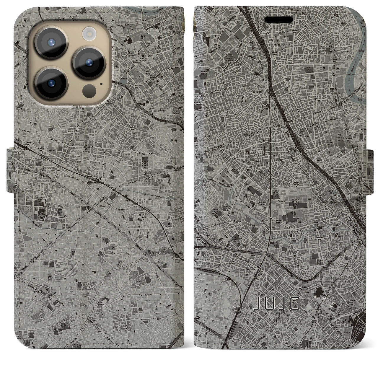 【十条(東京都)】地図柄iPhoneケース(手帳タイプ)モノトーン・iPhone 14 Pro Max 用