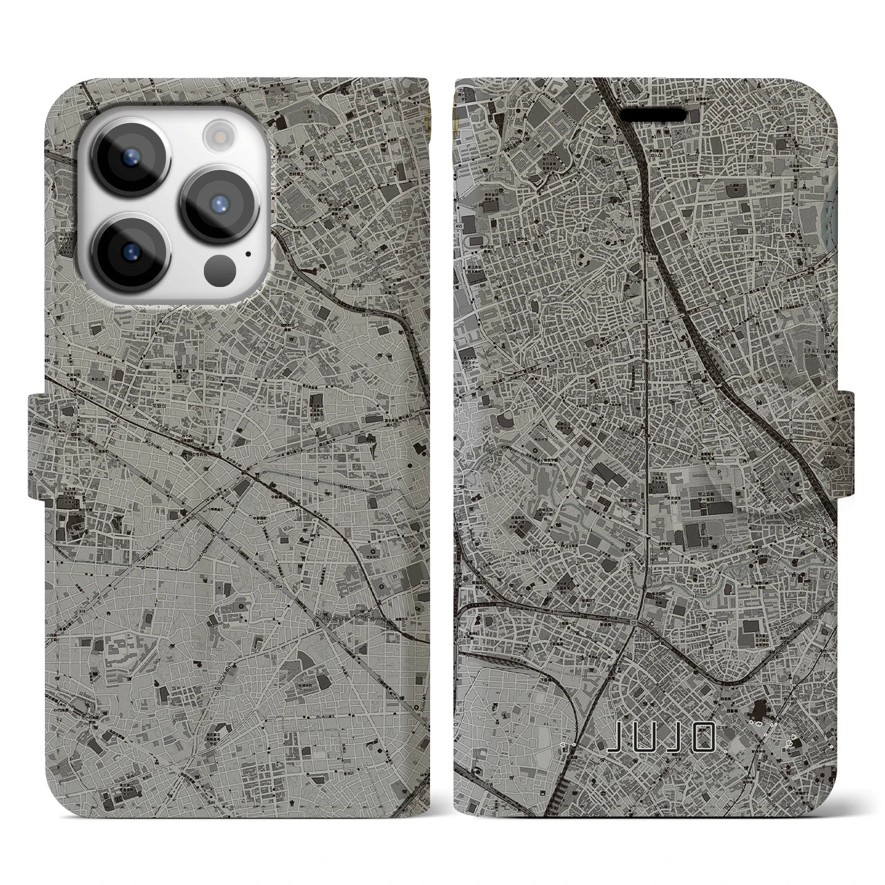 【十条(東京都)】地図柄iPhoneケース(手帳タイプ)モノトーン・iPhone 14 Pro 用