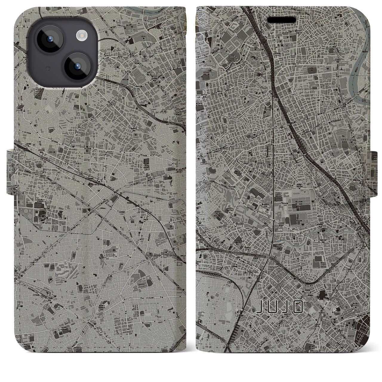 【十条(東京都)】地図柄iPhoneケース(手帳タイプ)モノトーン・iPhone 14 Plus 用