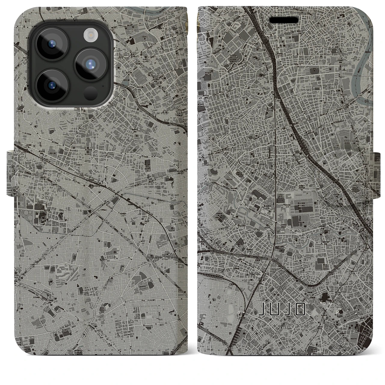 【十条(東京都)】地図柄iPhoneケース(手帳タイプ)モノトーン・iPhone 15 Pro Max 用