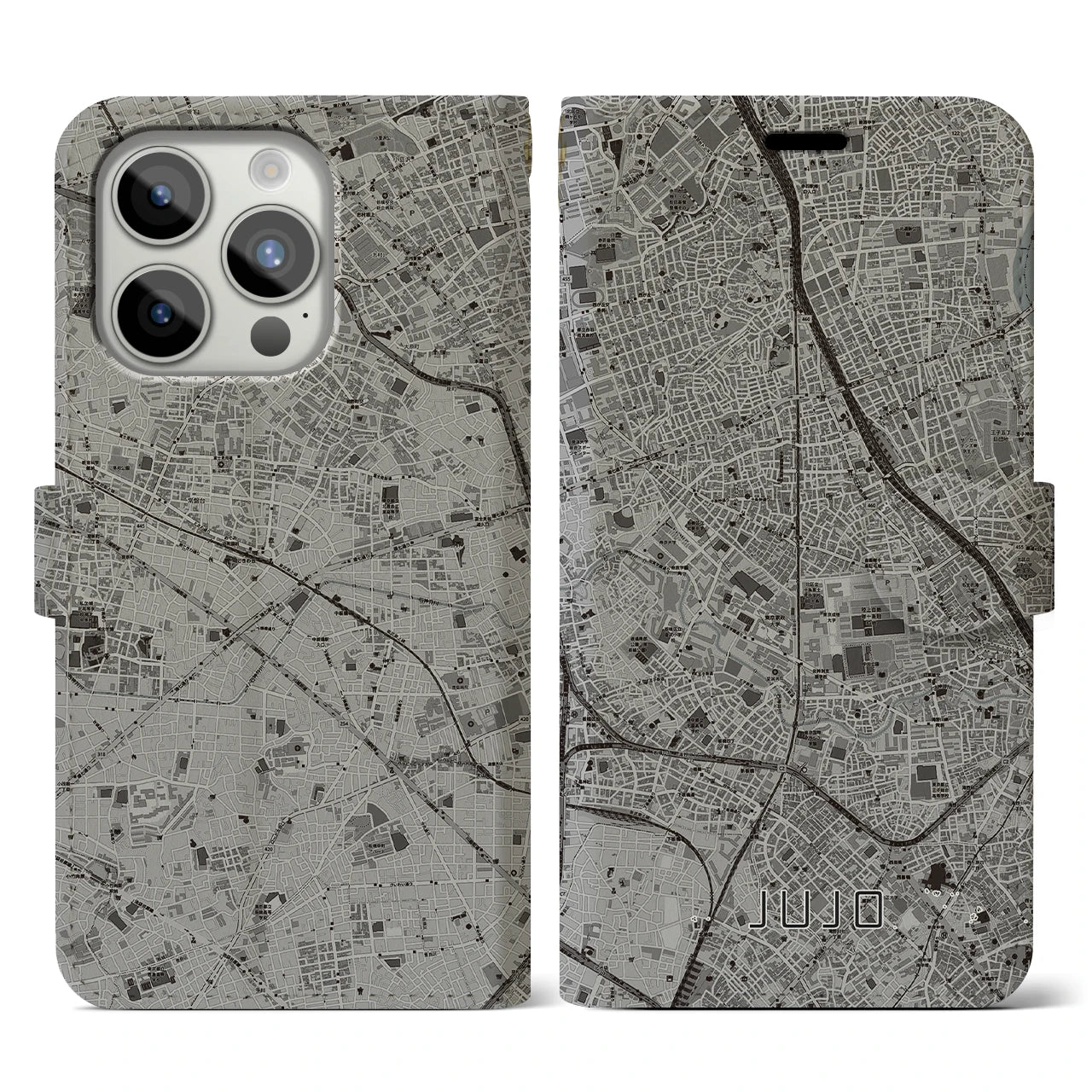 【十条(東京都)】地図柄iPhoneケース(手帳タイプ)モノトーン・iPhone 15 Pro 用