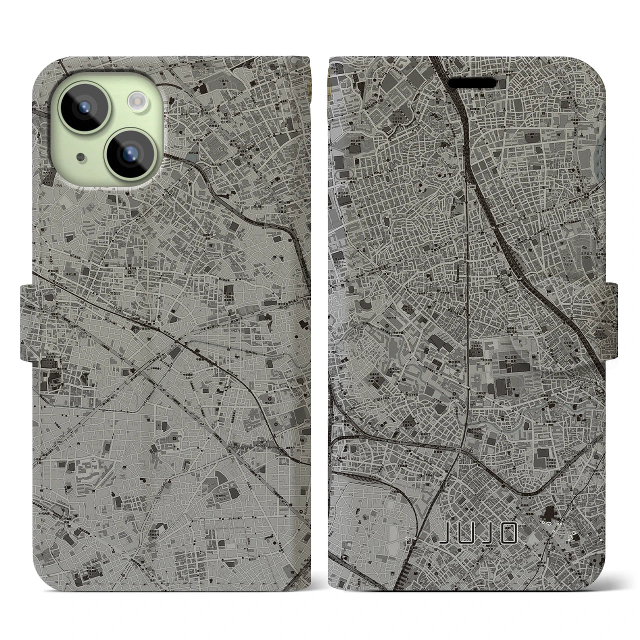 【十条(東京都)】地図柄iPhoneケース(手帳タイプ)モノトーン・iPhone 15 用