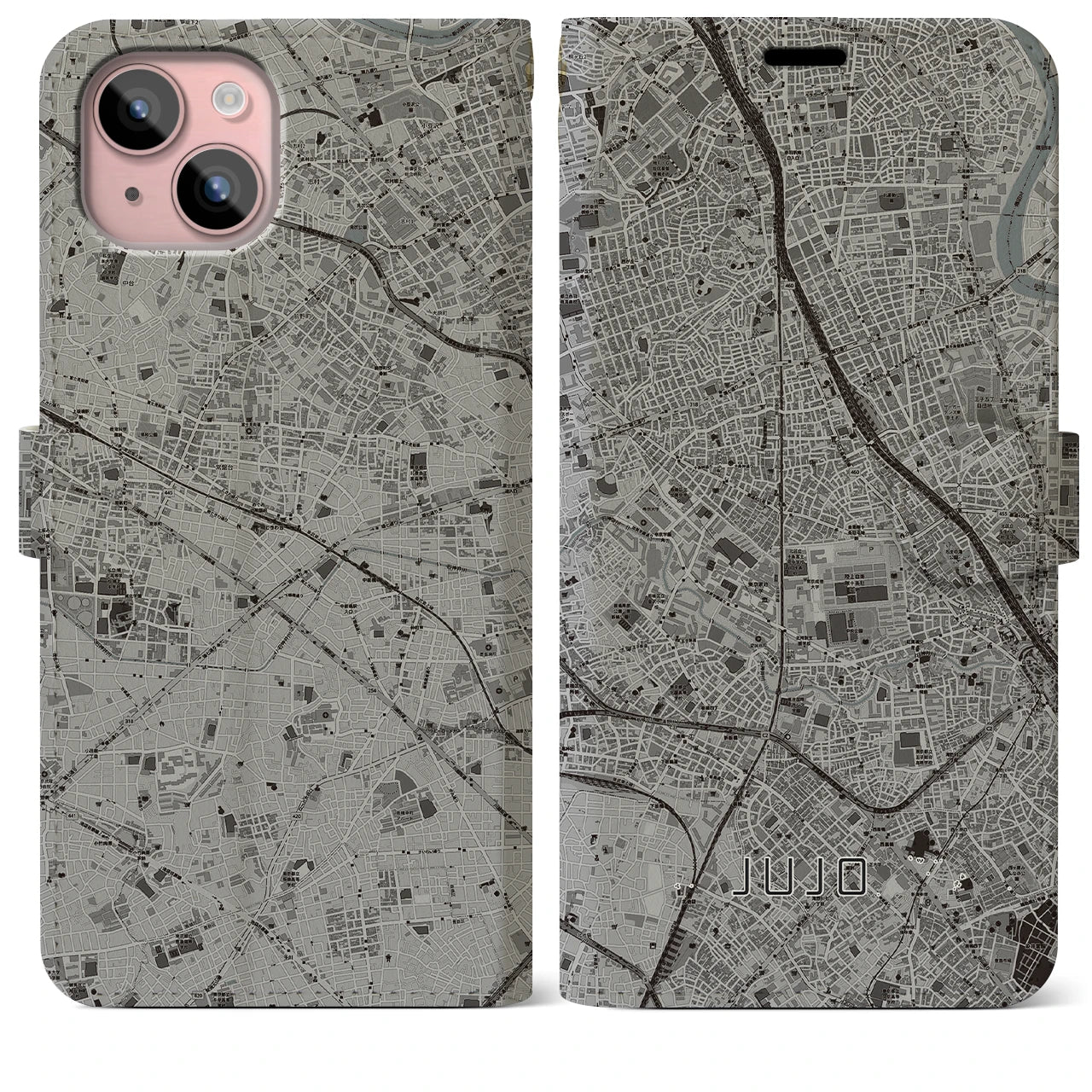 【十条(東京都)】地図柄iPhoneケース(手帳タイプ)モノトーン・iPhone 15 Plus 用