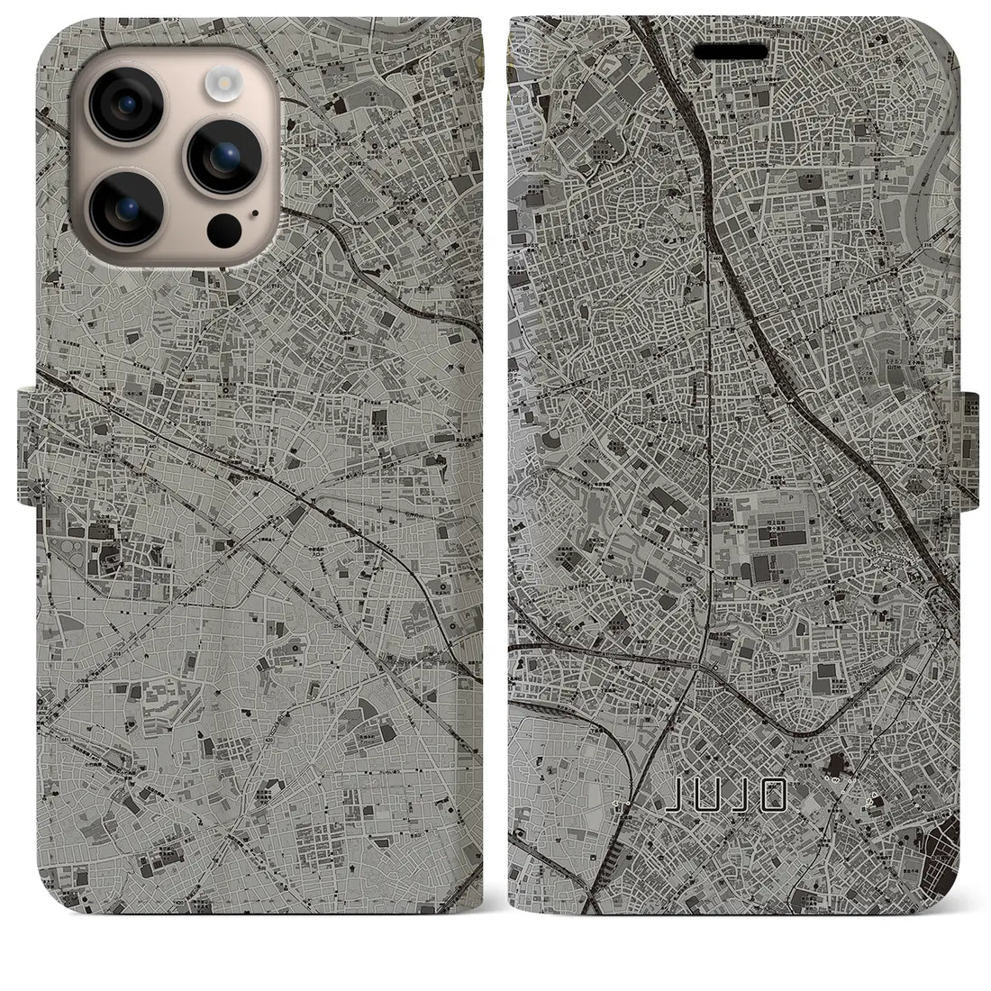 【十条(東京都)】地図柄iPhoneケース(手帳タイプ)モノトーン・iPhone 16 Plus 用