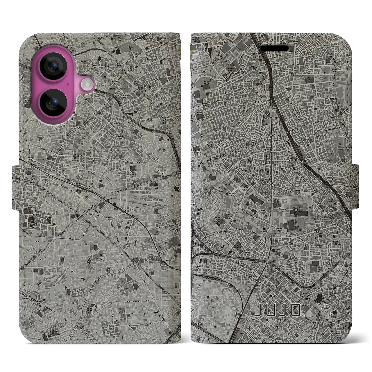 【十条(東京都)】地図柄iPhoneケース(手帳タイプ)モノトーン・iPhone 16 Pro 用
