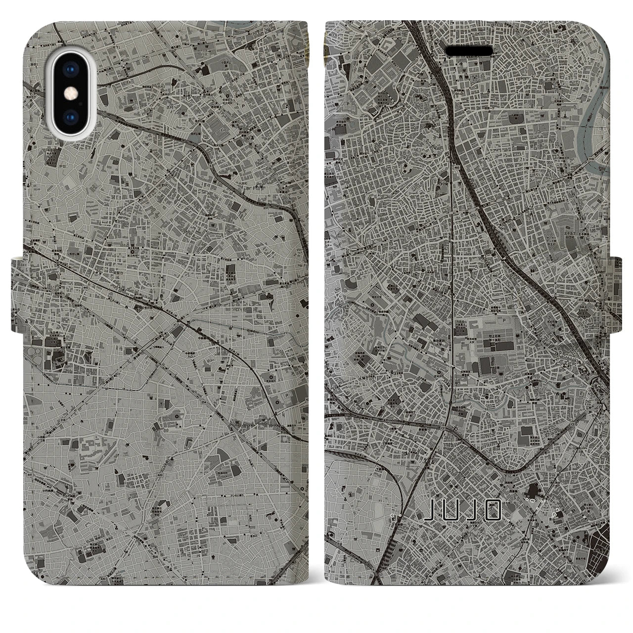 【十条(東京都)】地図柄iPhoneケース(手帳タイプ)モノトーン・iPhone XS Max 用