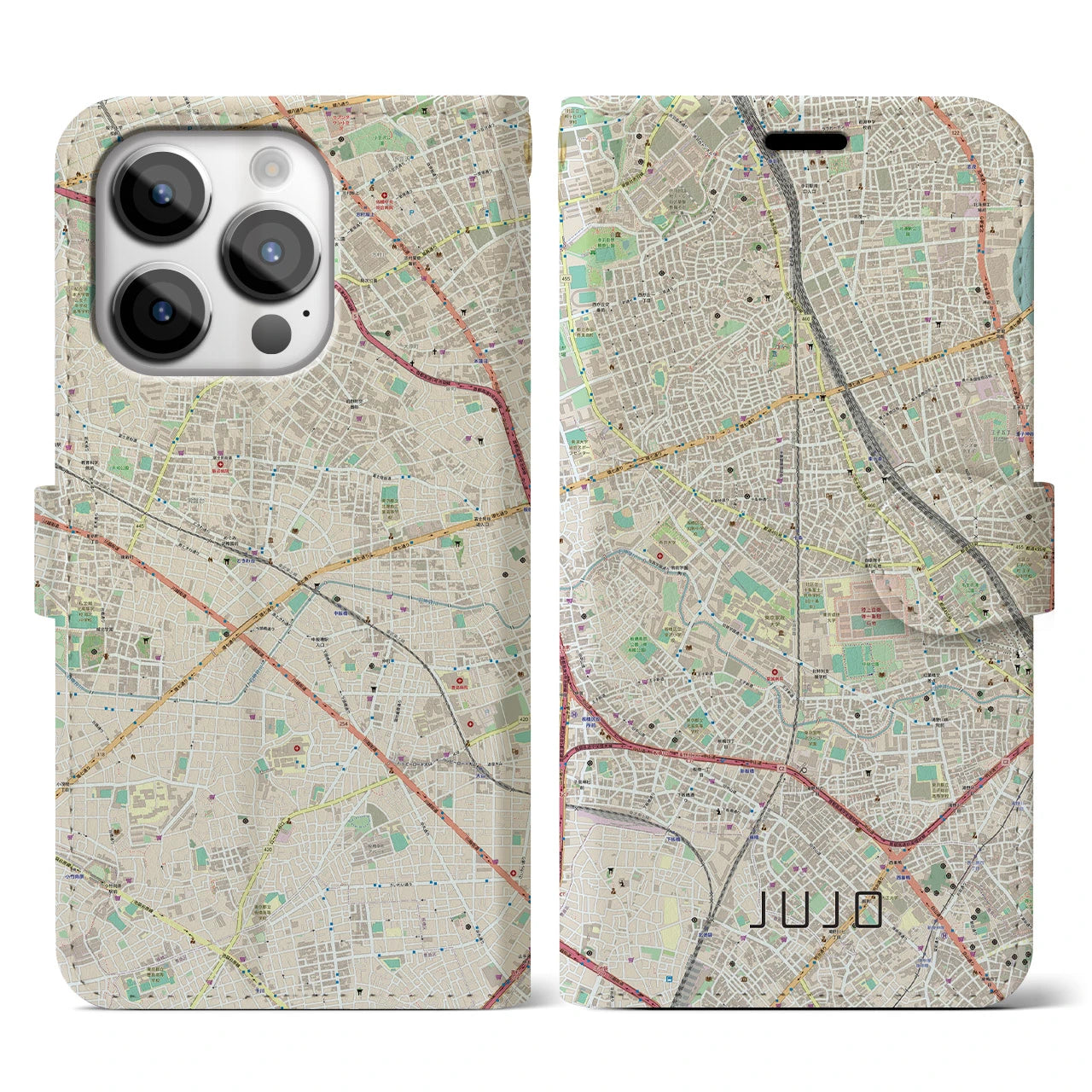 【十条(東京都)】地図柄iPhoneケース(手帳タイプ)ナチュラル・iPhone 14 Pro 用
