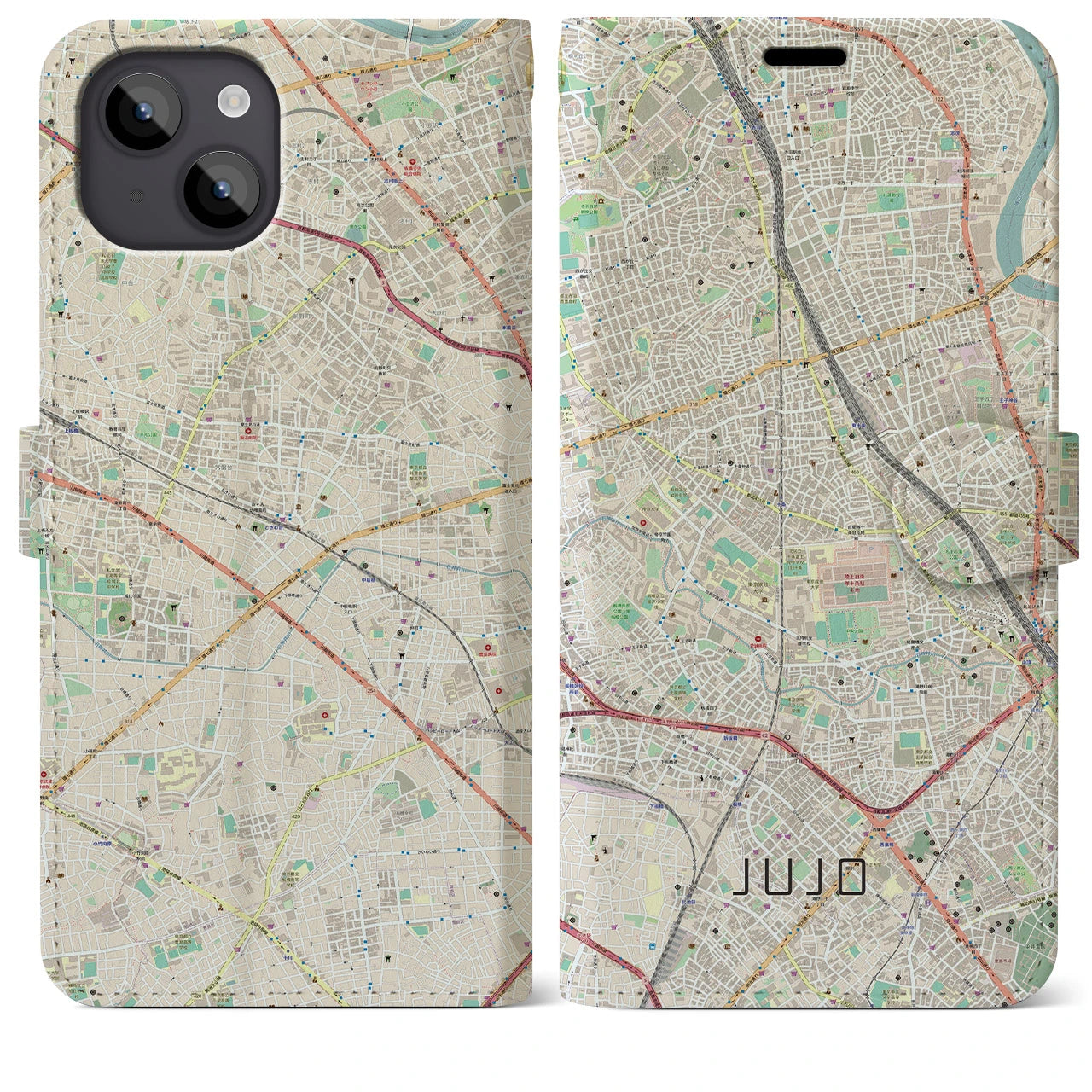 【十条(東京都)】地図柄iPhoneケース(手帳タイプ)ナチュラル・iPhone 14 Plus 用