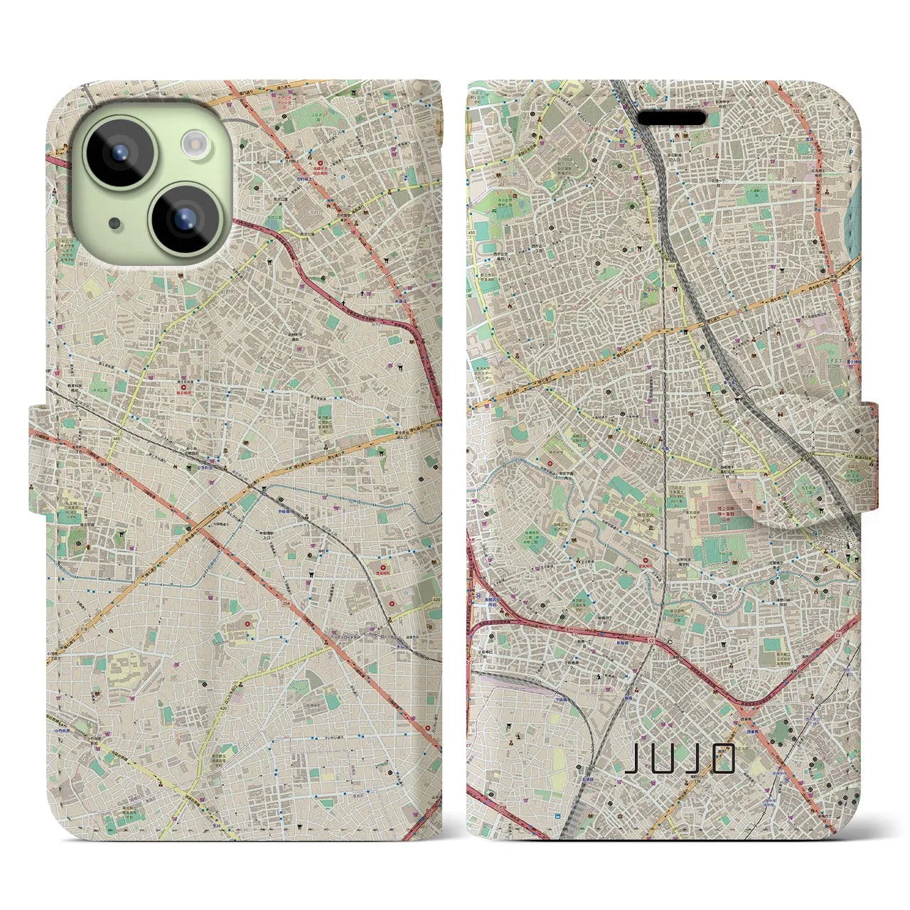 【十条(東京都)】地図柄iPhoneケース(手帳タイプ)ナチュラル・iPhone 15 用