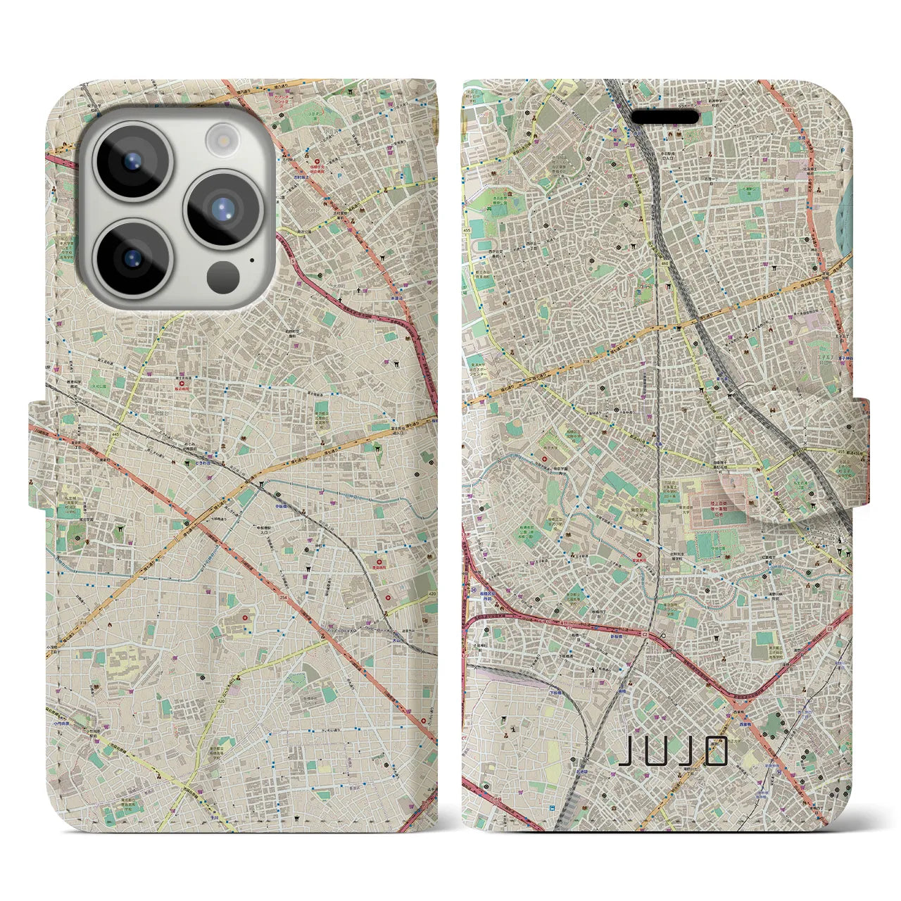 【十条(東京都)】地図柄iPhoneケース(手帳タイプ)ナチュラル・iPhone 15 Pro 用