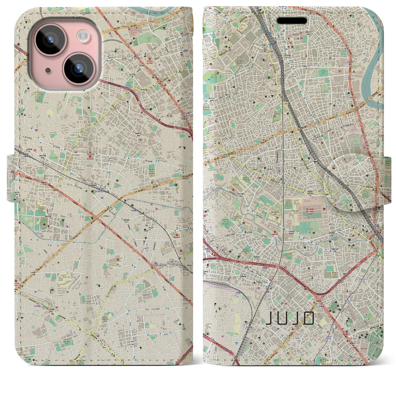 【十条(東京都)】地図柄iPhoneケース(手帳タイプ)ナチュラル・iPhone 15 Plus 用