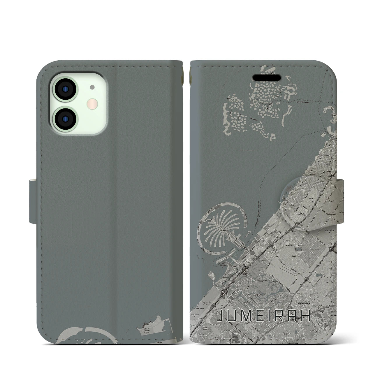 【ジュメイラ(アラブ首長国連邦)】地図柄iPhoneケース(手帳タイプ)モノトーン・iPhone 12 mini 用