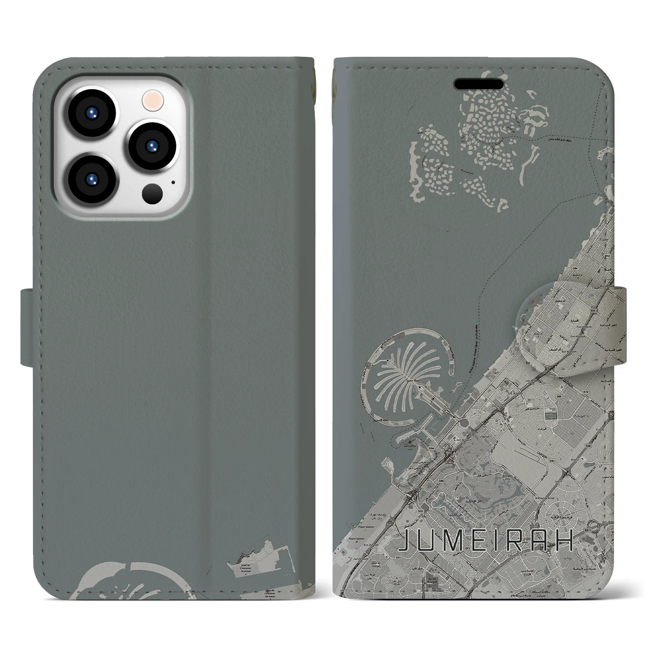 【ジュメイラ(アラブ首長国連邦)】地図柄iPhoneケース(手帳タイプ)モノトーン・iPhone 13 Pro 用
