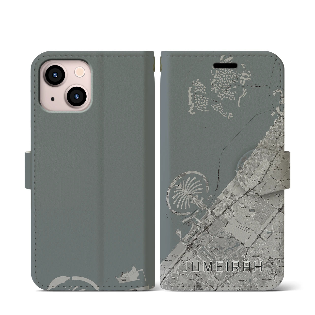 【ジュメイラ(アラブ首長国連邦)】地図柄iPhoneケース(手帳タイプ)モノトーン・iPhone 13 mini 用