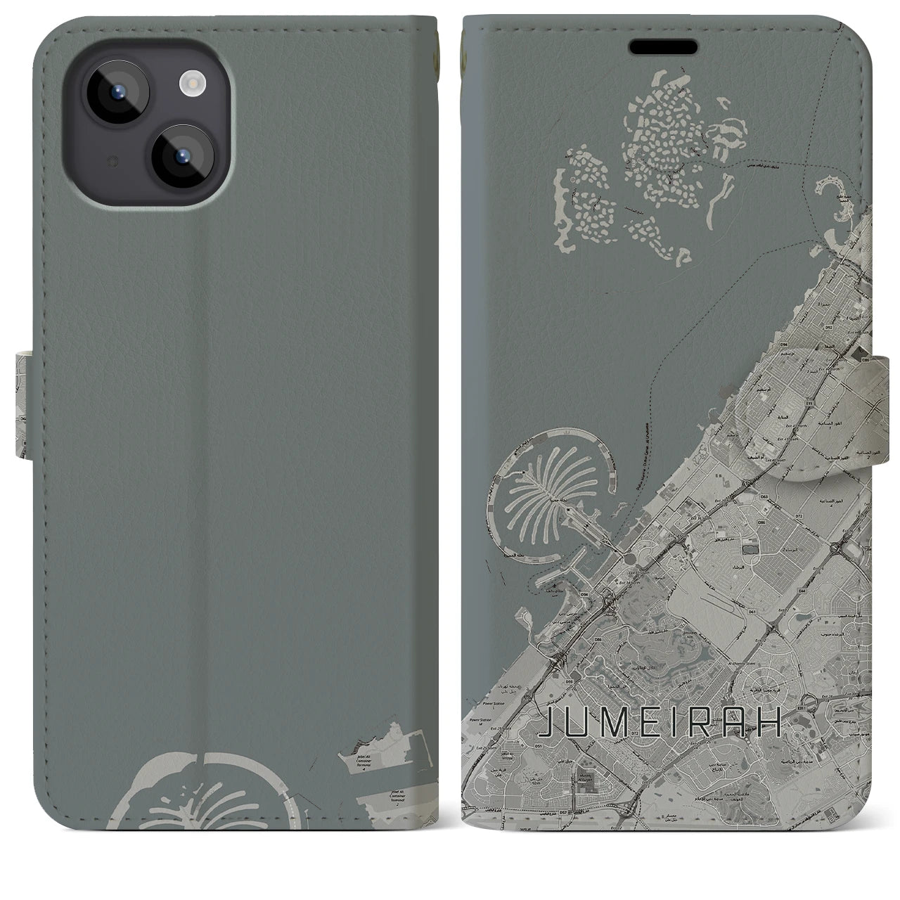 【ジュメイラ(アラブ首長国連邦)】地図柄iPhoneケース(手帳タイプ)モノトーン・iPhone 14 Plus 用