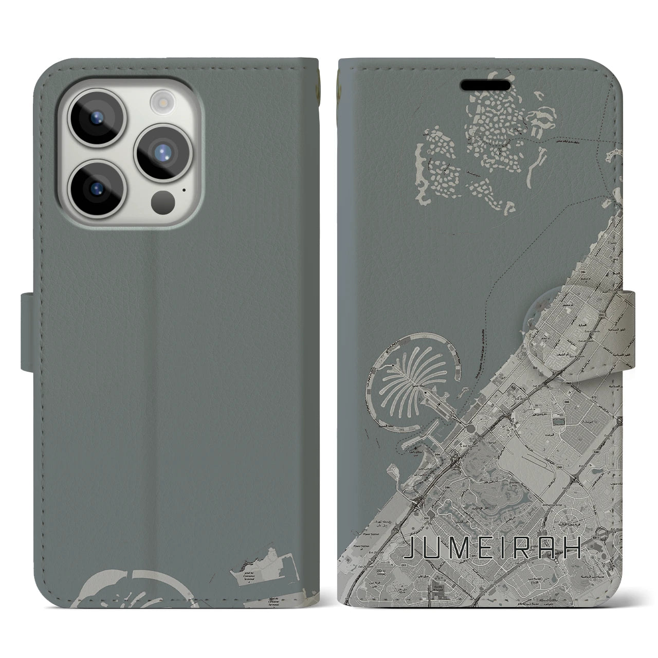 【ジュメイラ(アラブ首長国連邦)】地図柄iPhoneケース(手帳タイプ)モノトーン・iPhone 15 Pro 用