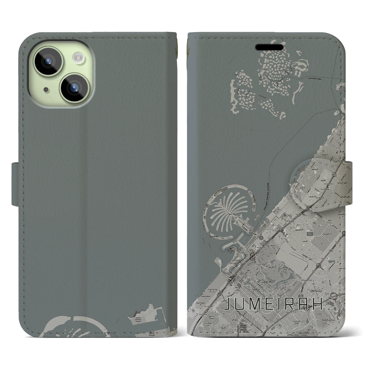 【ジュメイラ(アラブ首長国連邦)】地図柄iPhoneケース(手帳タイプ)モノトーン・iPhone 15 用