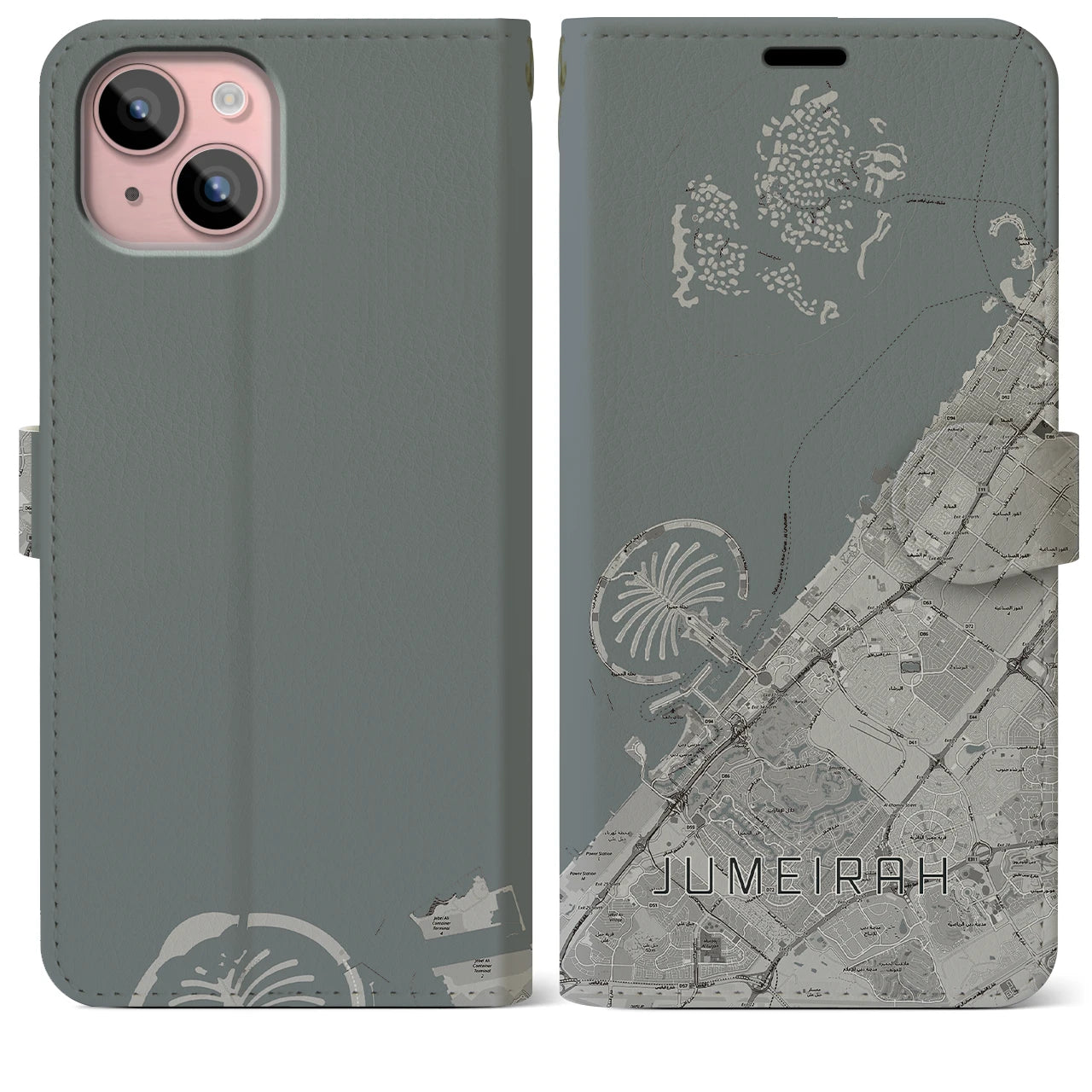 【ジュメイラ(アラブ首長国連邦)】地図柄iPhoneケース(手帳タイプ)モノトーン・iPhone 15 Plus 用