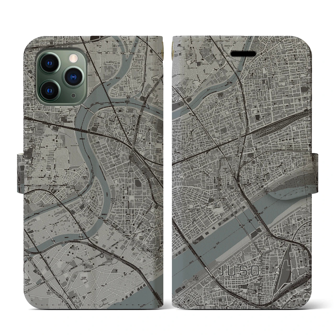 【十三(大阪府)】地図柄iPhoneケース(手帳タイプ)モノトーン・iPhone 11 Pro 用