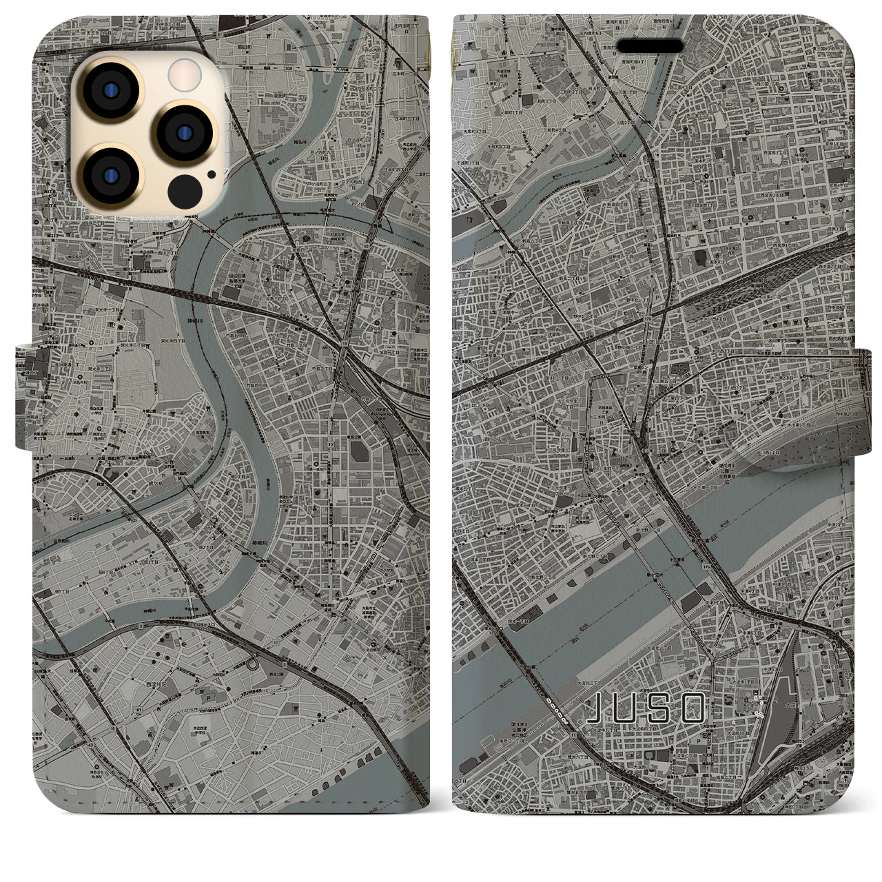 【十三(大阪府)】地図柄iPhoneケース(手帳タイプ)モノトーン・iPhone 12 Pro Max 用