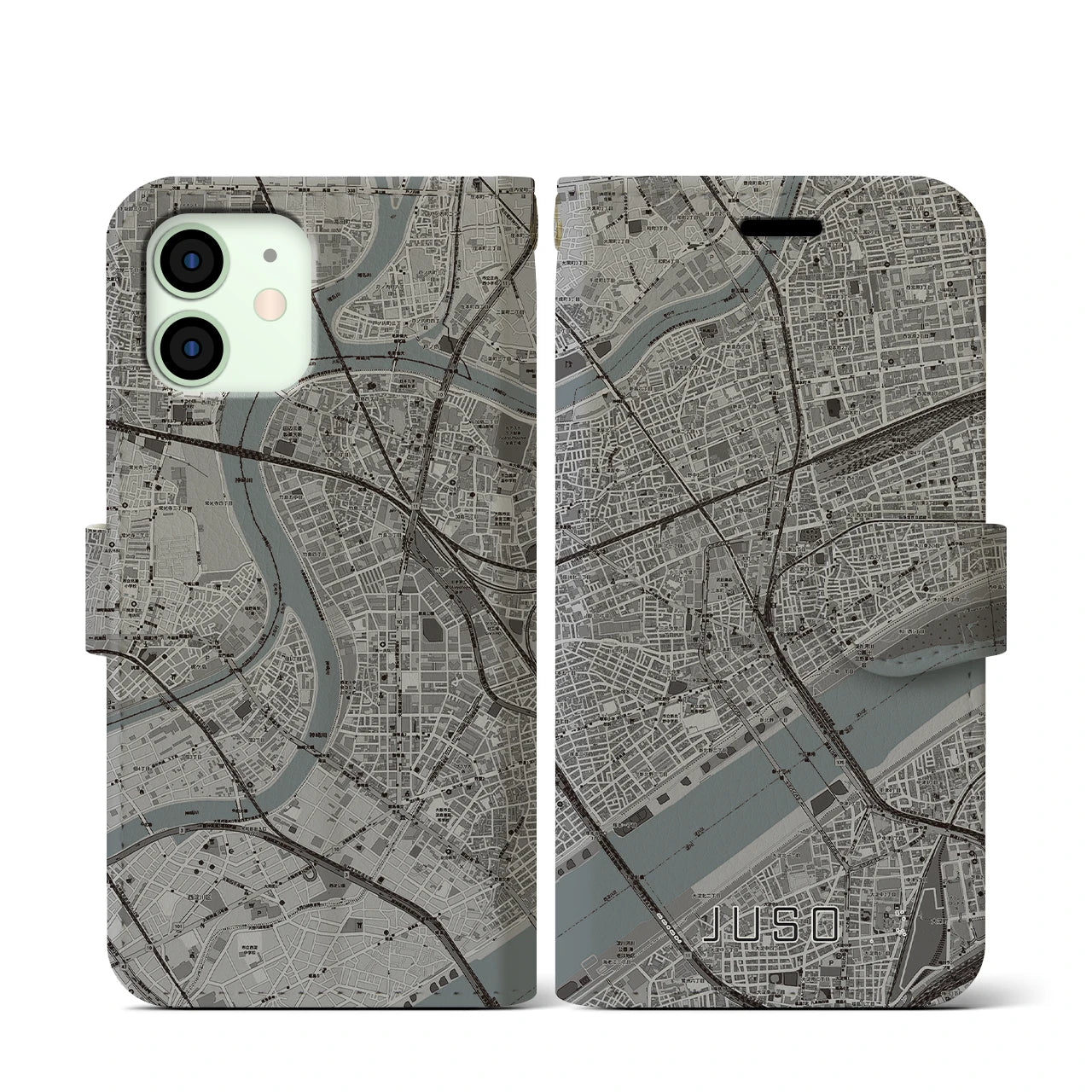 【十三(大阪府)】地図柄iPhoneケース(手帳タイプ)モノトーン・iPhone 12 mini 用